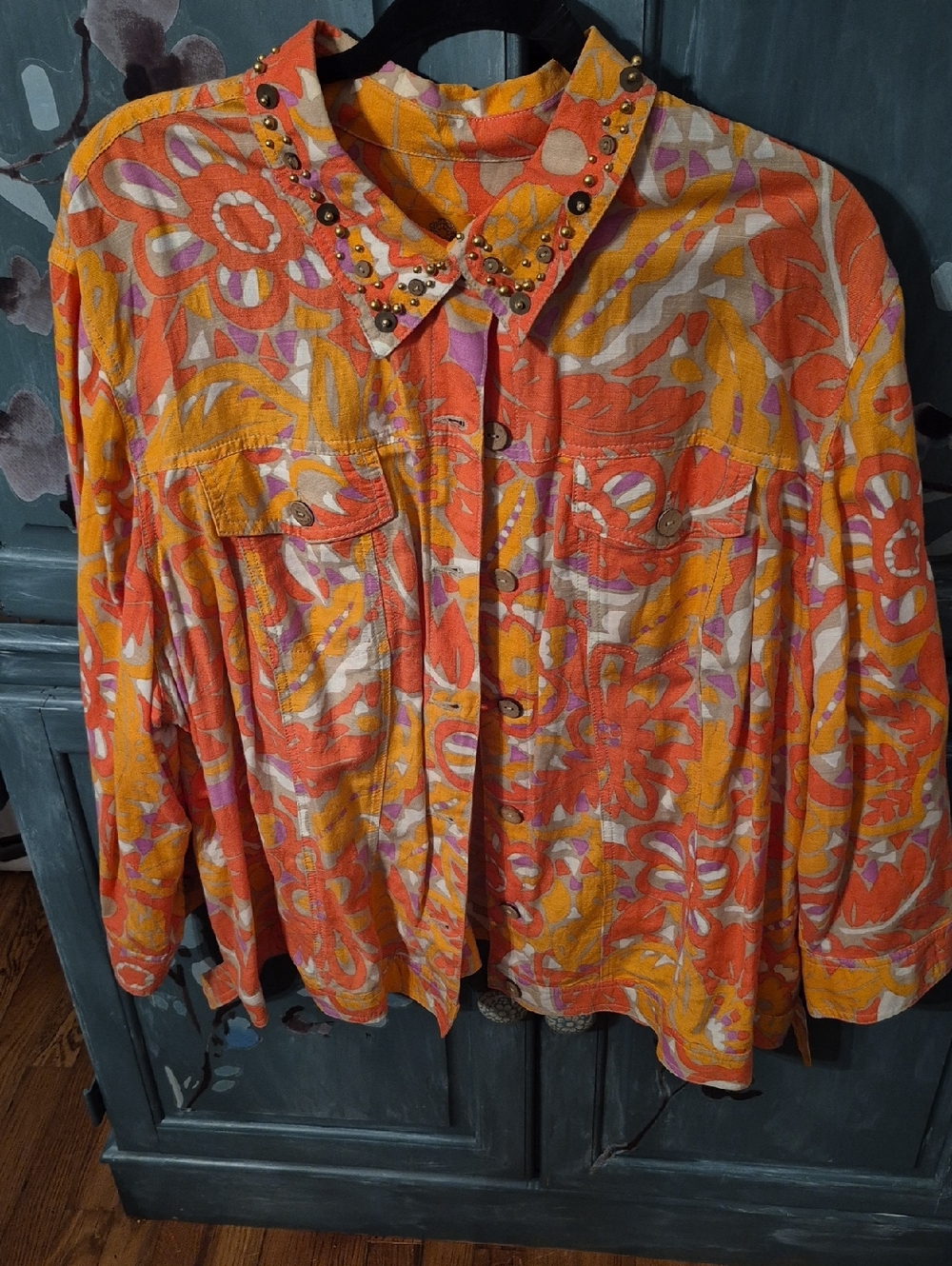 Ruby Rd. Floral Button-Up Shirt — Orange, Yellow, Pink